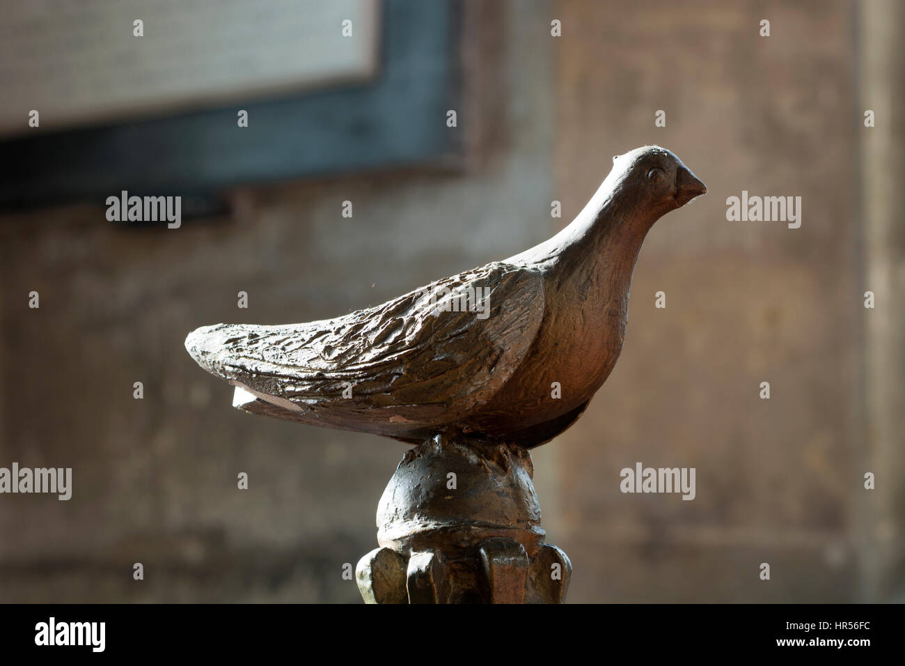 Wooden dove font detail, St. Peter`s Church, Winchcombe, Gloucestershire, England, UK Stock Photo